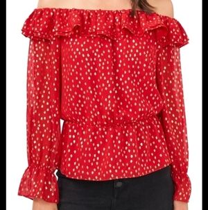Vince Camuto Size XL Red Blouse W/ Gold Dots 24"P2P And 36" Waist